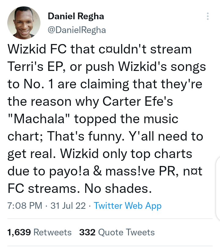 Daniel Regha tweet Wizkid